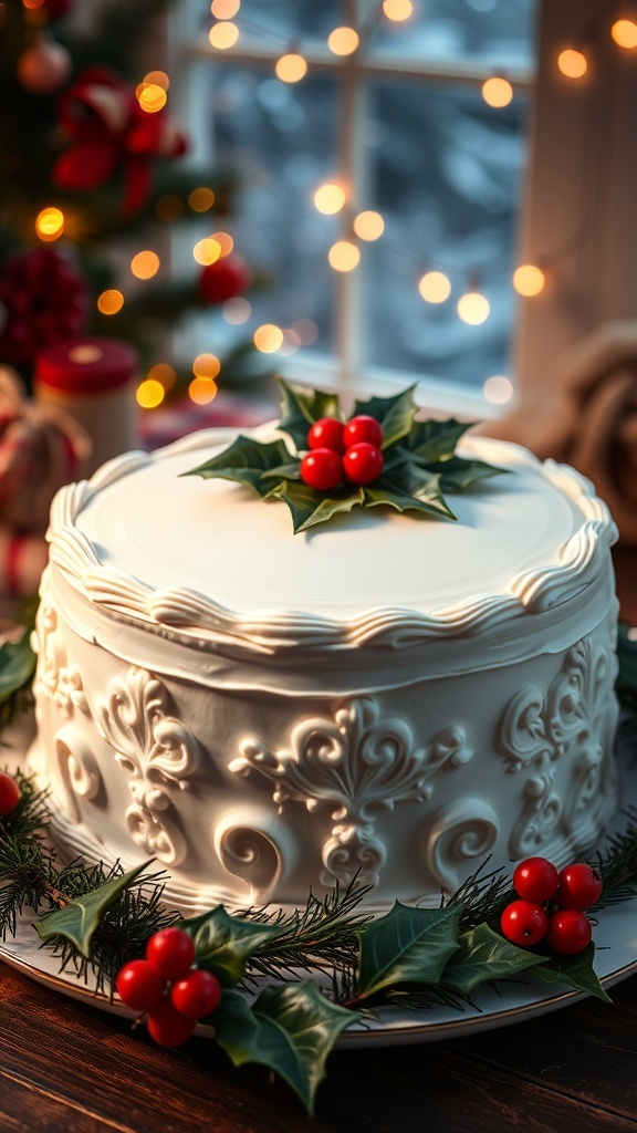 A traditional Christmas cake decorated with marzipan and icing, featuring holly and berries, set in a festive environment.